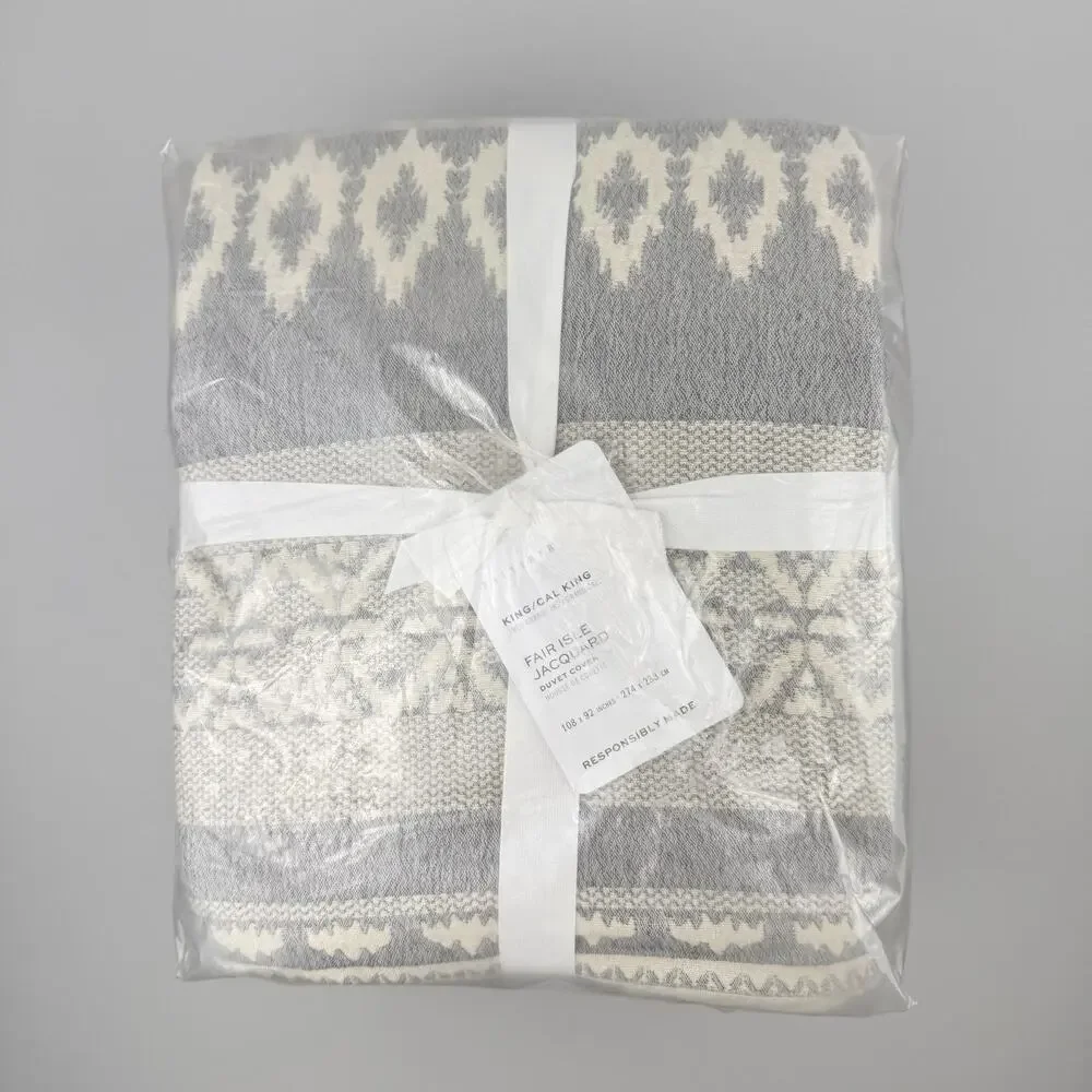 Pottery Barn Fair Isle Jacquard Duvet Cover King/Cal King Gray Cotton Linen NEW